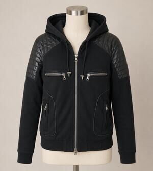 FUC Balmain Black Moto Hoodie Jacket Quilted Leather Shoulder Zip Sweatshirt M